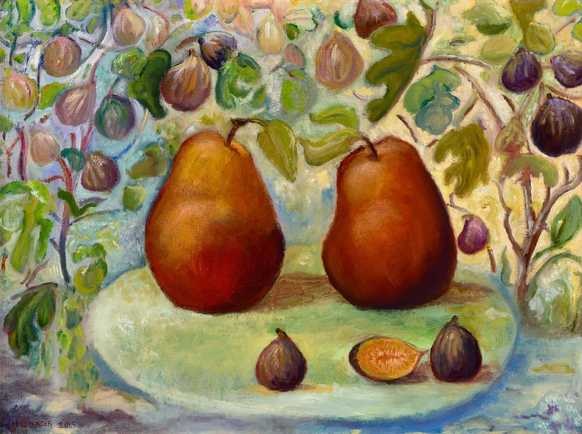 Two Pears in a Fig Orchard, oil painting of two red pears and figs on a green plate
